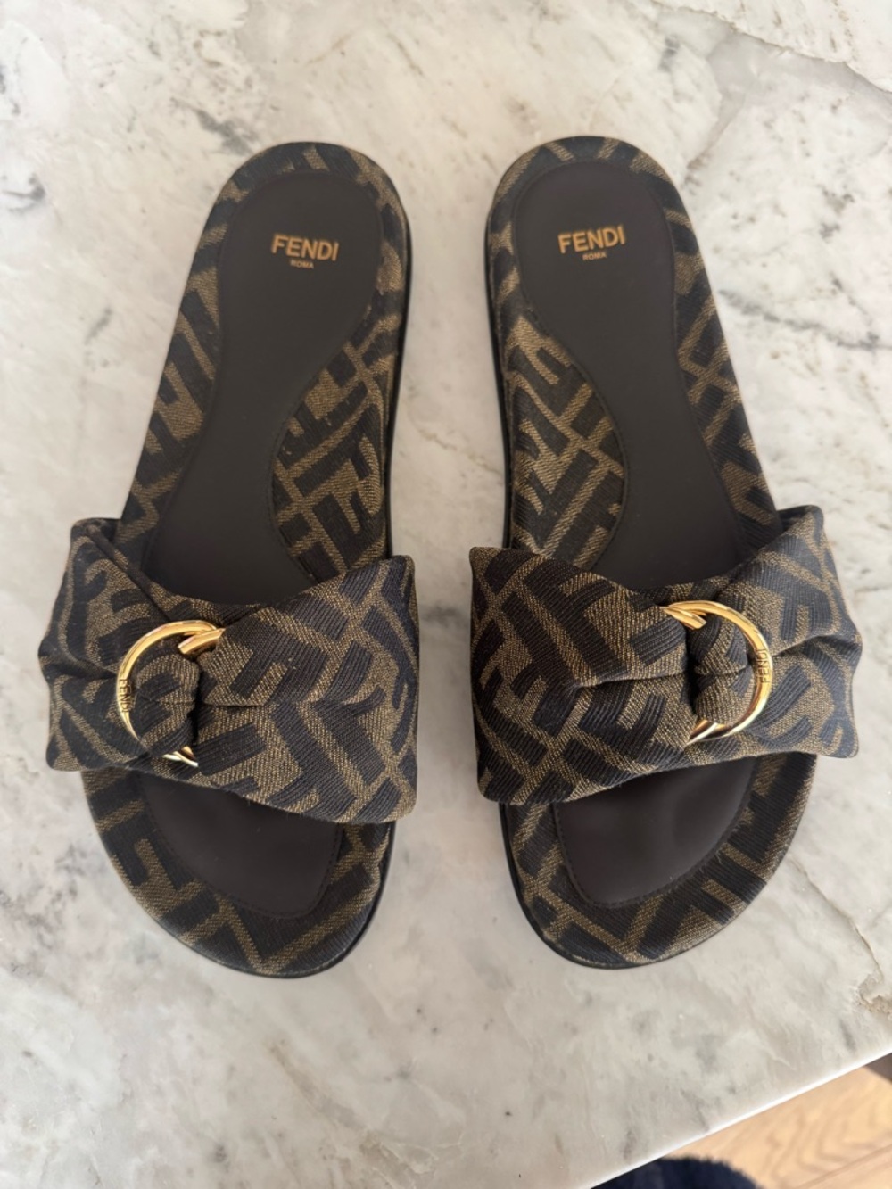 Fendi Brown FF-Print Slide Sandals with Gold Buckle